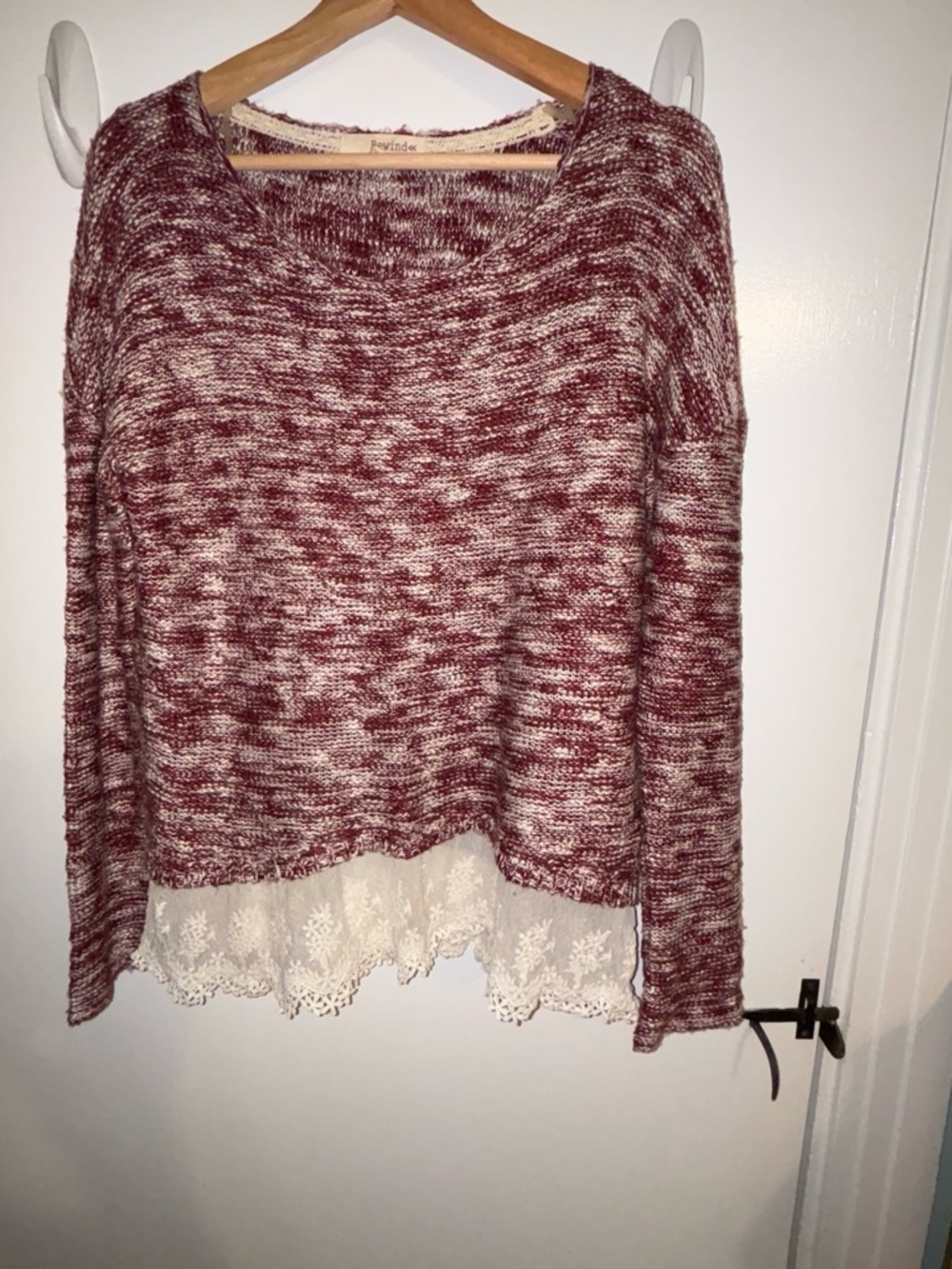 Rewind Marled Burgundy and Cream Knit Sweater with Lace Trim